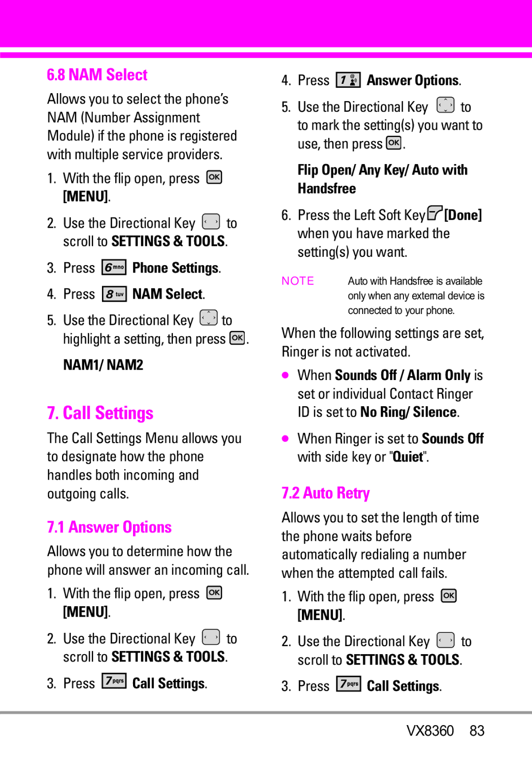 Verizon VX8360 manual Call Settings, NAM Select, Answer Options, Auto Retry 