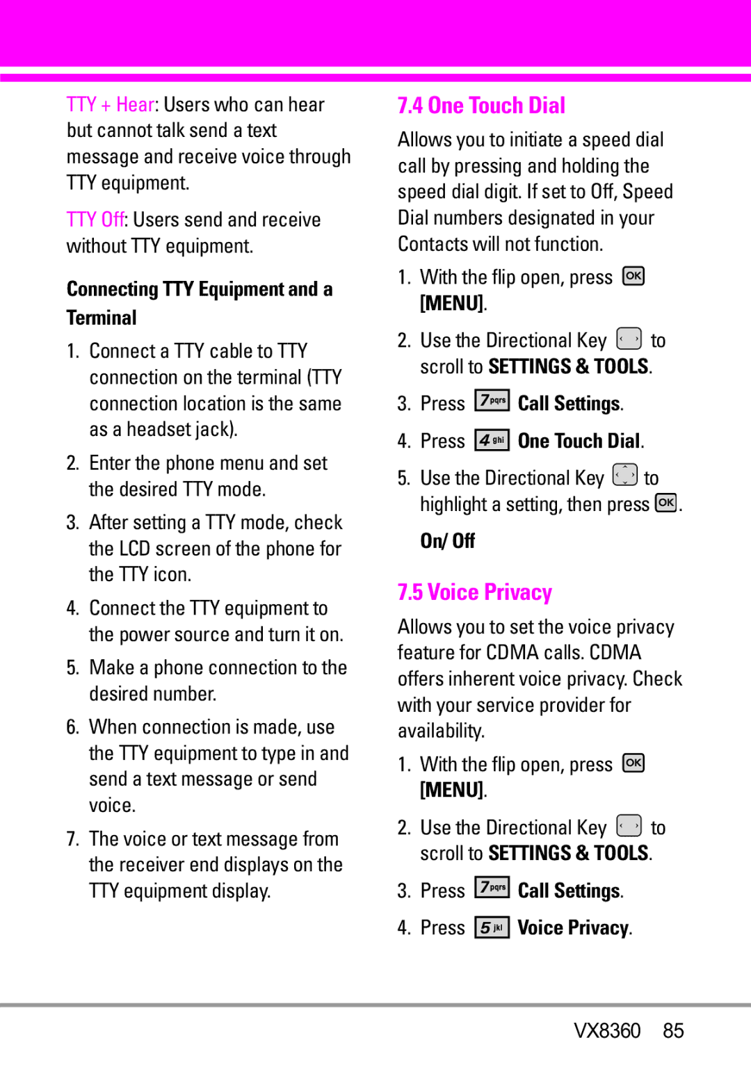 Verizon VX8360 manual Press Call Settings Press One Touch Dial, Press Call Settings Press Voice Privacy 