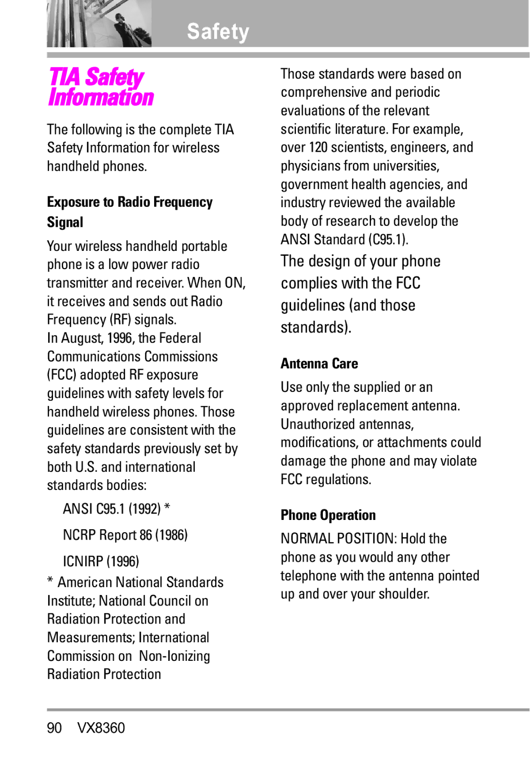 Verizon VX8360 Safety, Exposure to Radio Frequency Signal, Ansi C95.1 Ncrp Report 86 Icnirp, Antenna Care, Phone Operation 