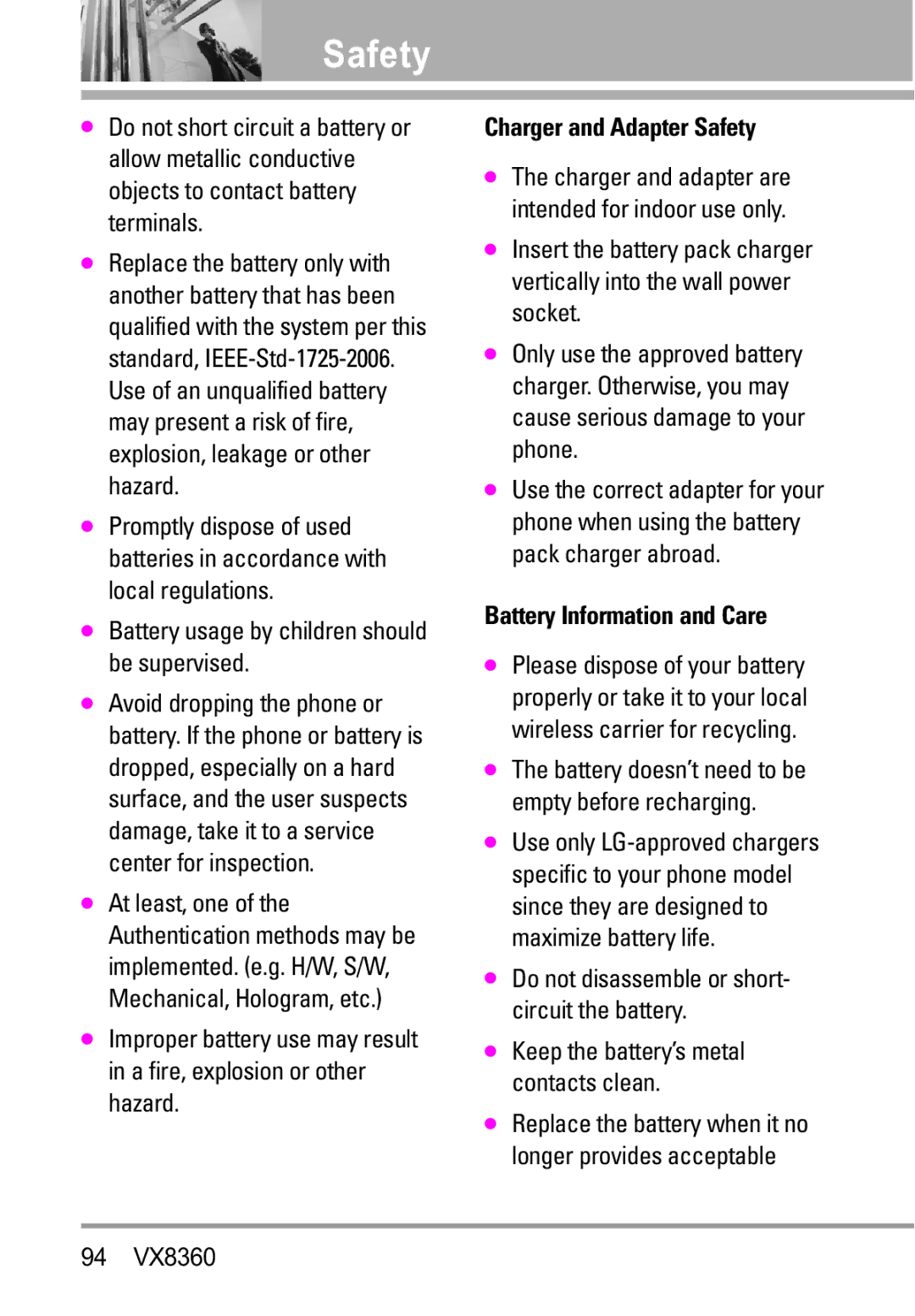 Verizon VX8360 Battery usage by children should be supervised, Charger and Adapter Safety, Battery Information and Care 