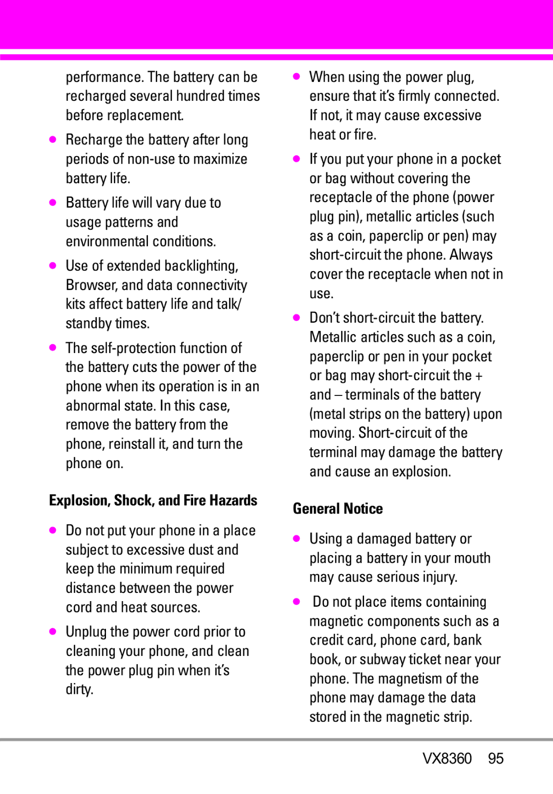 Verizon VX8360 manual General Notice, Explosion, Shock, and Fire Hazards 