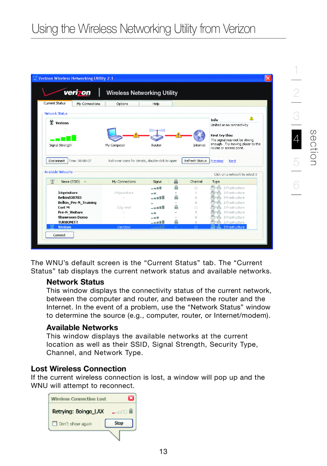 Verizon VZ4000 manual Network Status, Available Networks, Lost Wireless Connection 