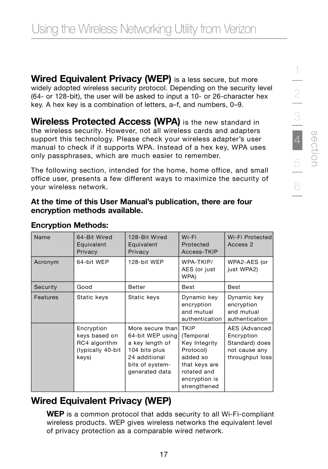 Verizon VZ4000 Wired Equivalent Privacy WEP is a less secure, but more, Wireless Protected Access WPA is the new standard 