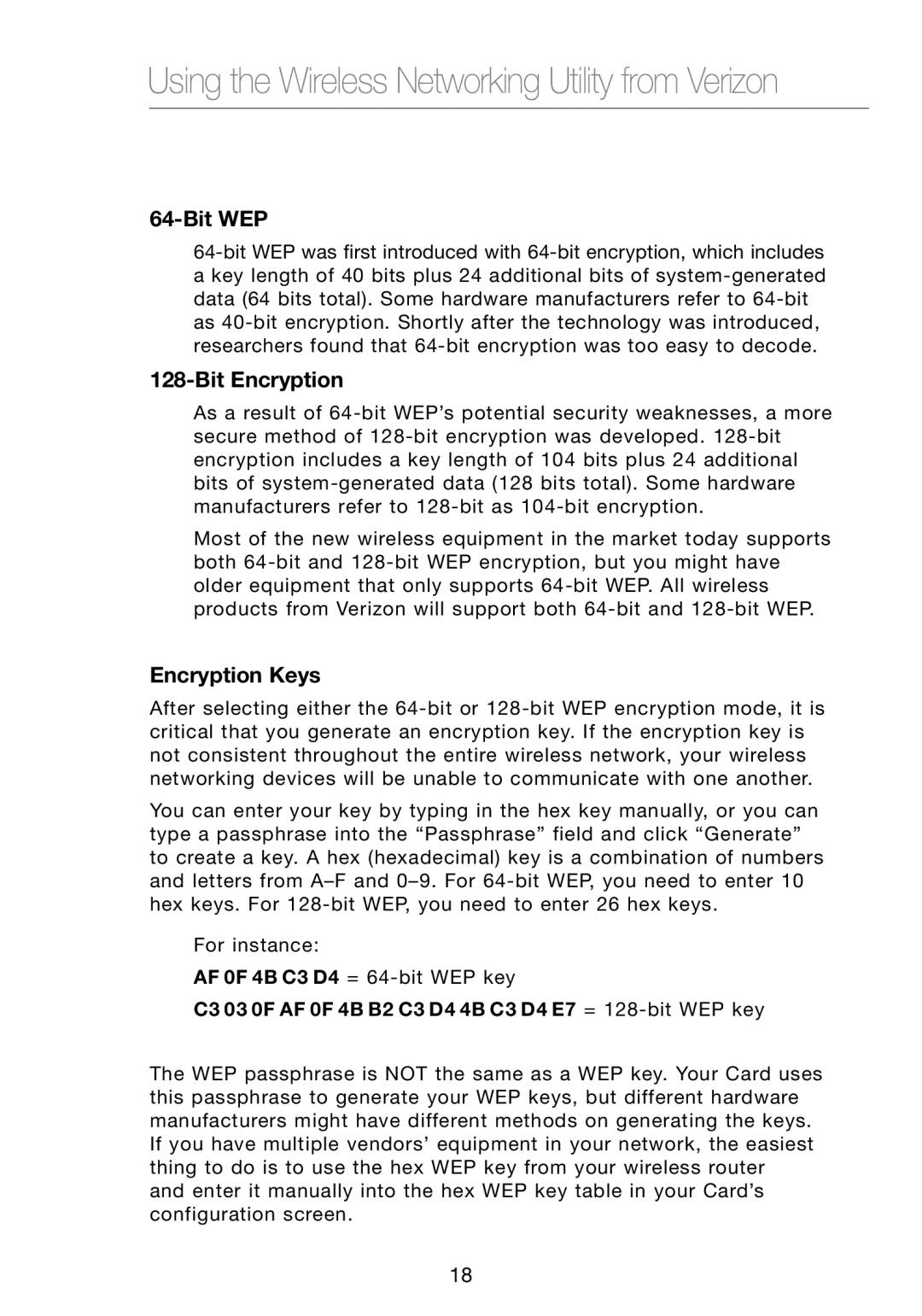 Verizon VZ4000 manual Bit WEP, Bit Encryption, Encryption Keys, C3 03 0F AF 0F 4B B2 C3 D4 4B C3 D4 E7 = 128-bit WEP key 