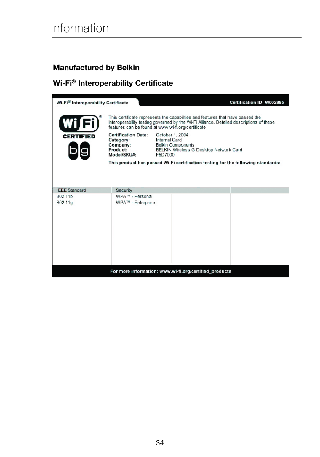 Verizon VZ4000 manual Manufactured by Belkin Wi-FiInteroperability Certificate 