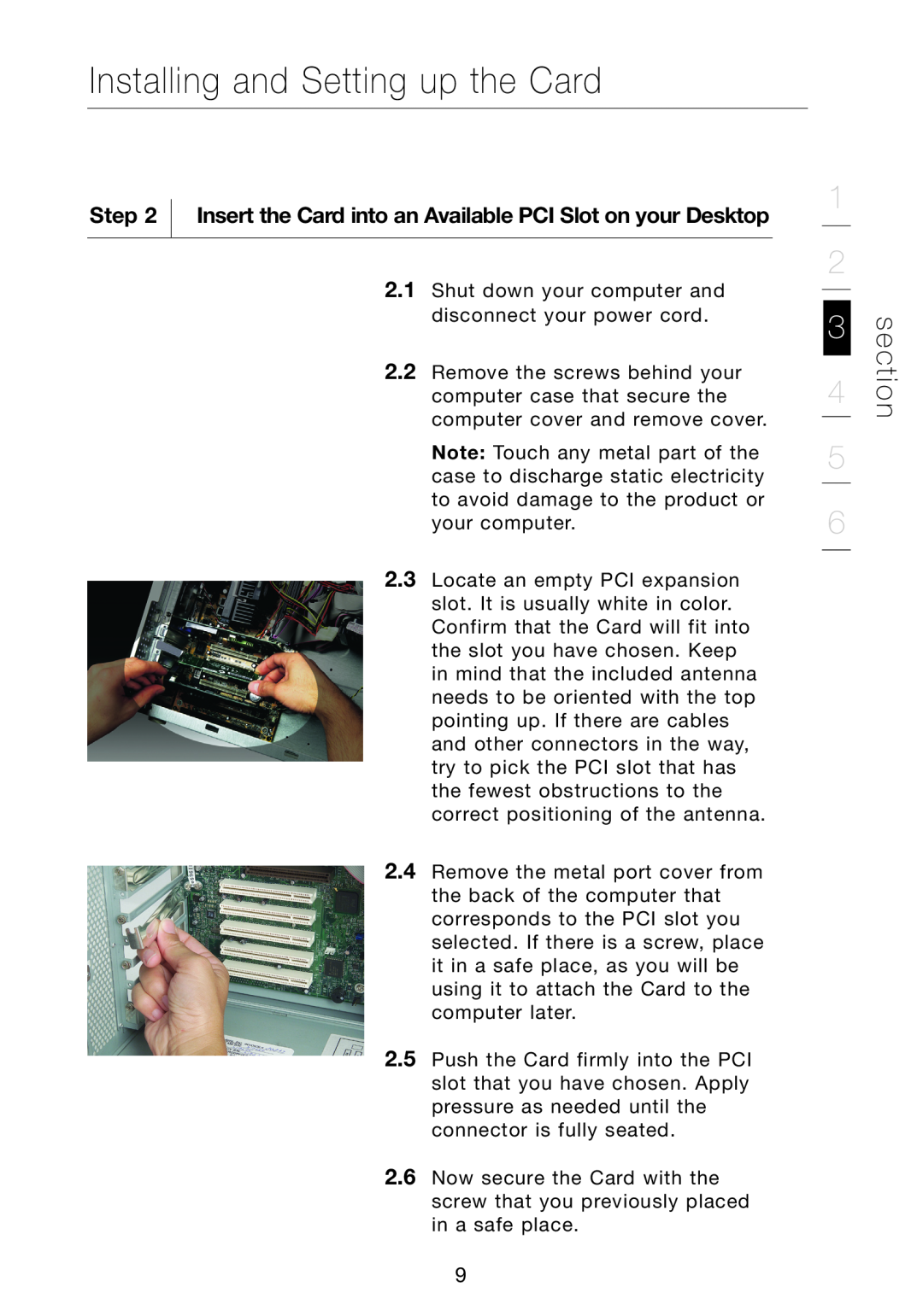 Verizon VZ4000 Insert the Card into an Available PCI Slot on your Desktop, Installing and Setting up the Card, section 