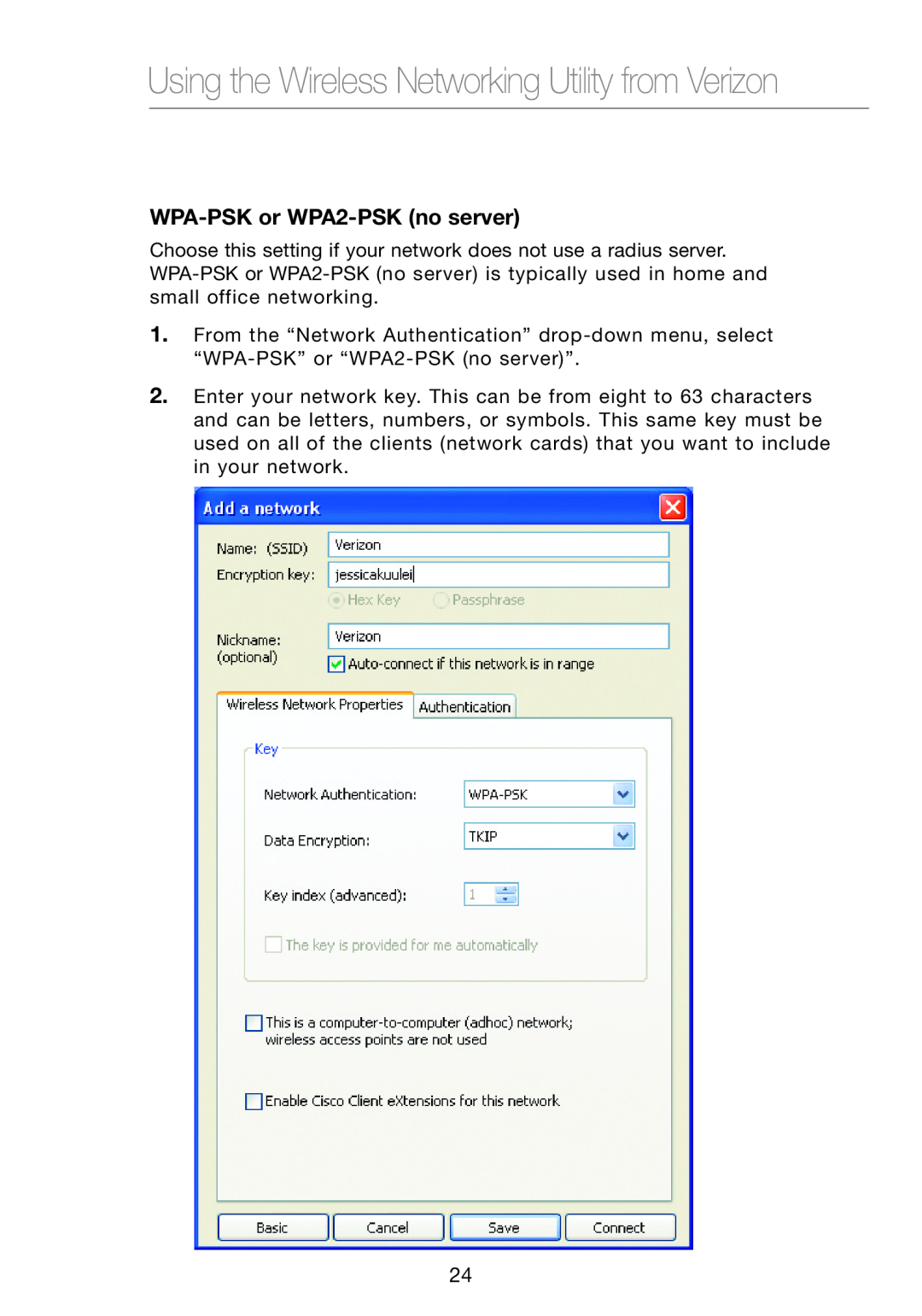 Verizon VZ4000 manual WPA-PSK or WPA2-PSK no server, Using the Wireless Networking Utility from Verizon 