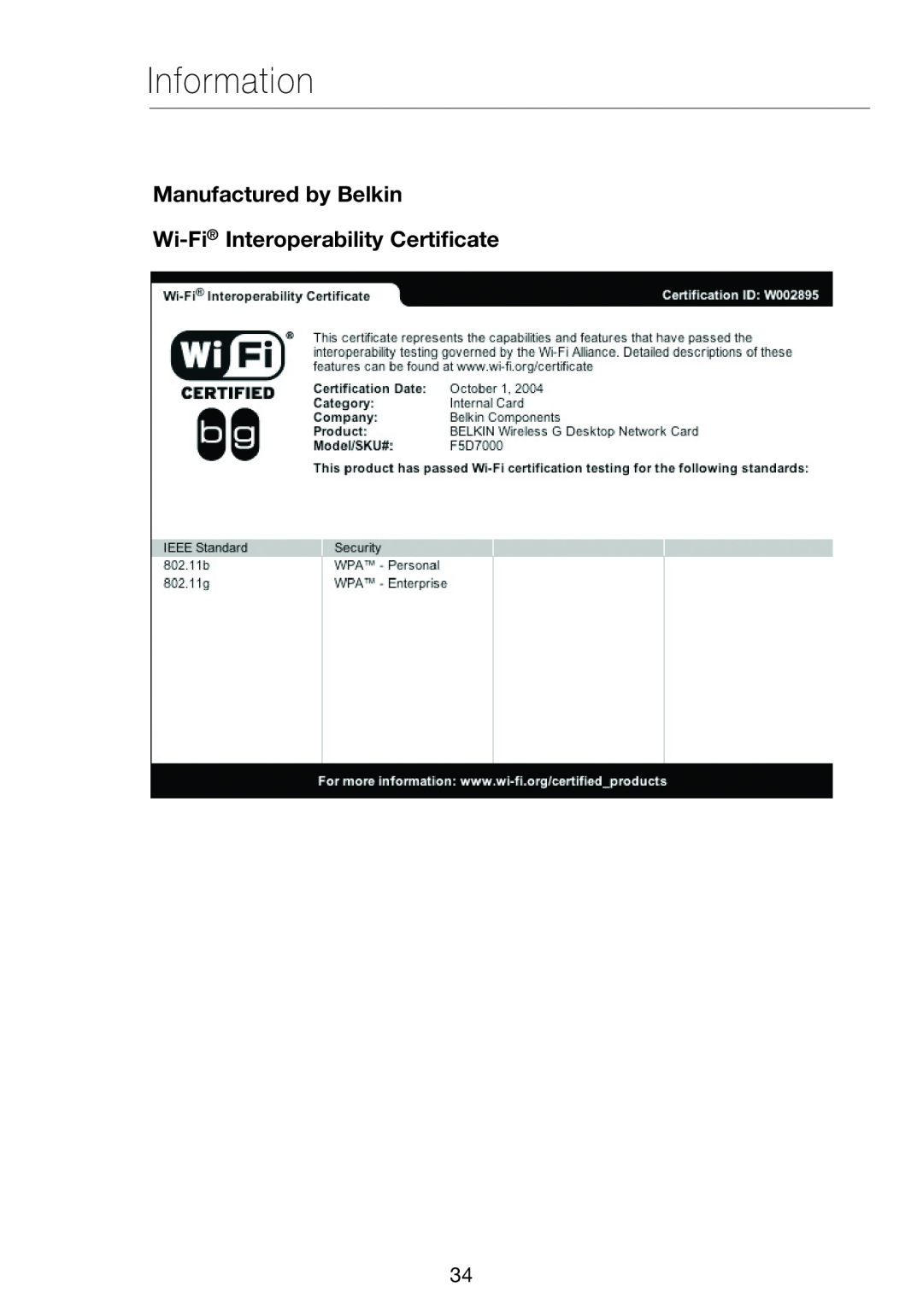 Verizon VZ4000 manual Information, Manufactured by Belkin Wi-Fi Interoperability Certificate 