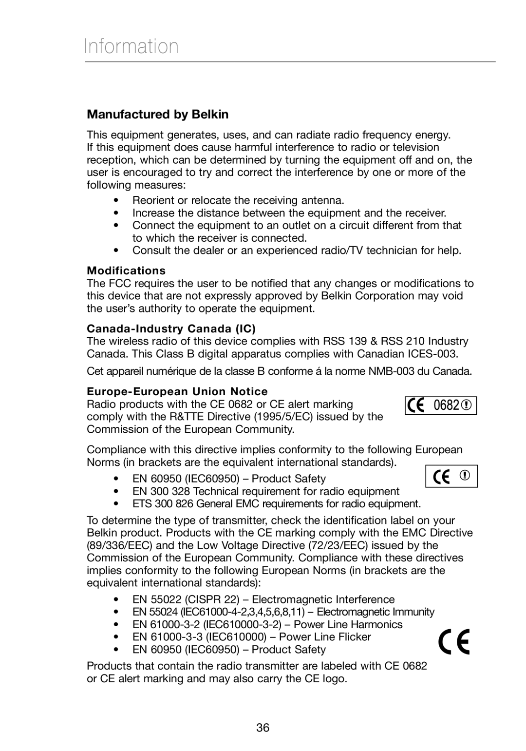 Verizon VZ4000 Information, Manufactured by Belkin, Modifications, Canada-Industry Canada IC, Europe-European Union Notice 