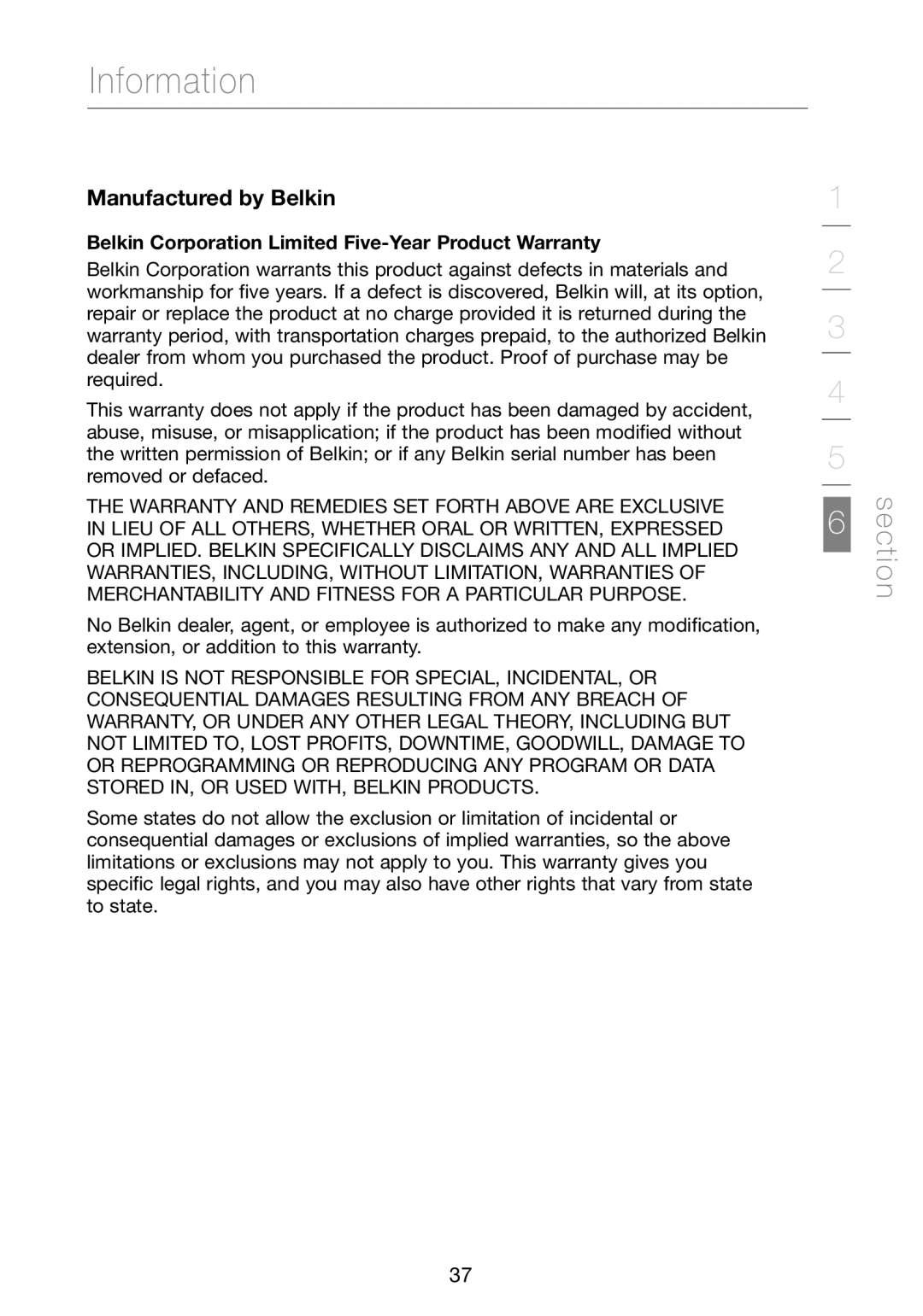Verizon VZ4000 manual Information, Manufactured by Belkin, Belkin Corporation Limited Five-Year Product Warranty 