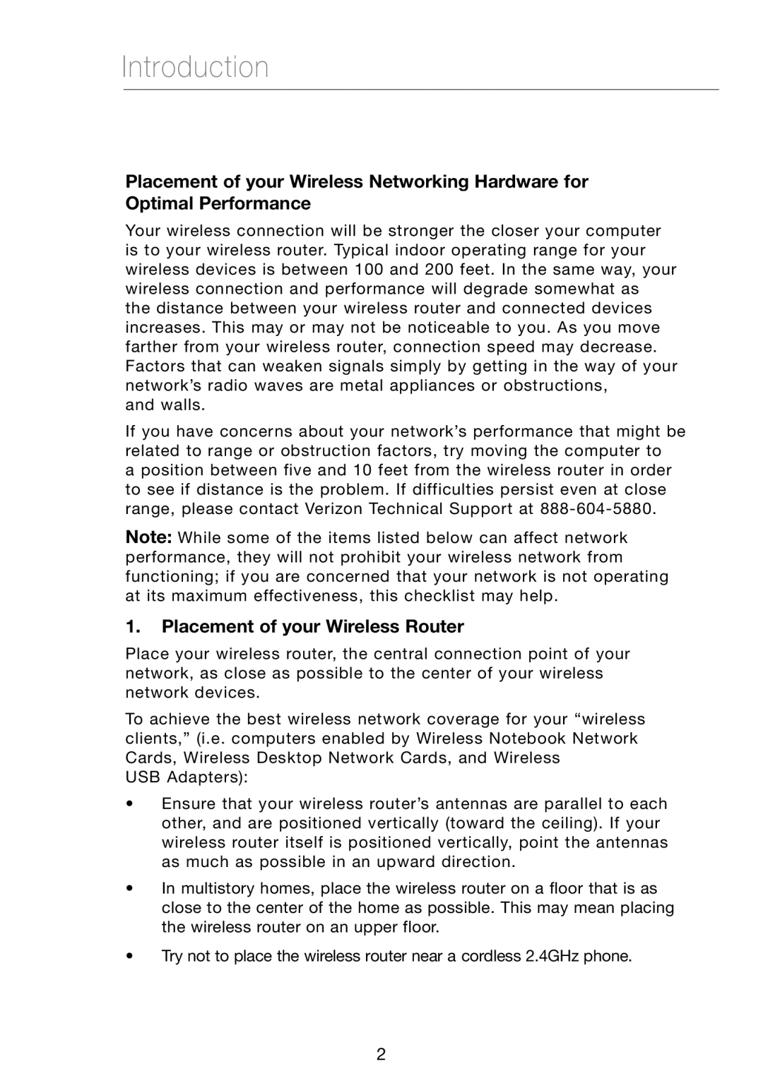 Verizon VZ4000 manual Introduction, Placement of your Wireless Router 