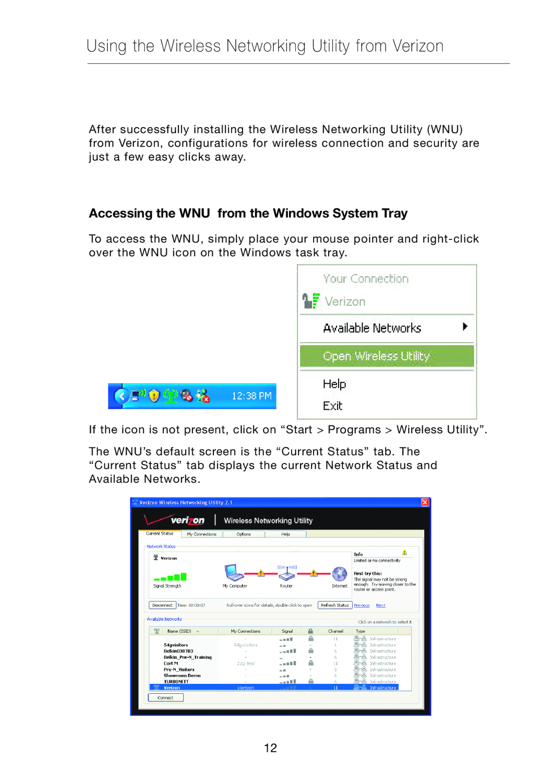 Verizon VZ4010 manual Using the Wireless Networking Utility from Verizon, Accessing the WNU from the Windows System Tray 