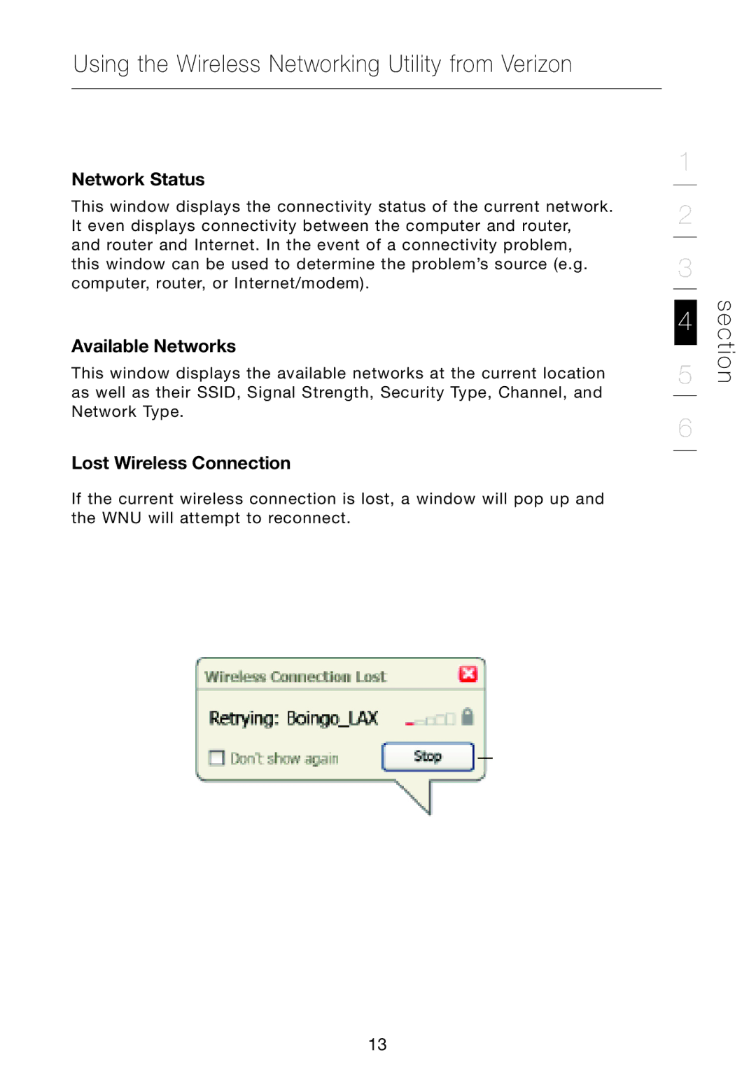 Verizon VZ4010 manual Network Status, Available Networks, Lost Wireless Connection 