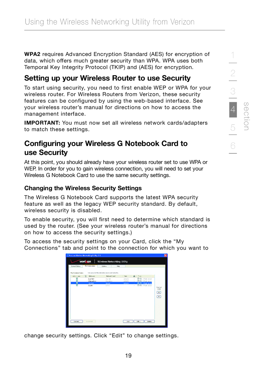 Verizon VZ4010 Setting up your Wireless Router to use Security, Configuring your Wireless G Notebook Card to use Security 