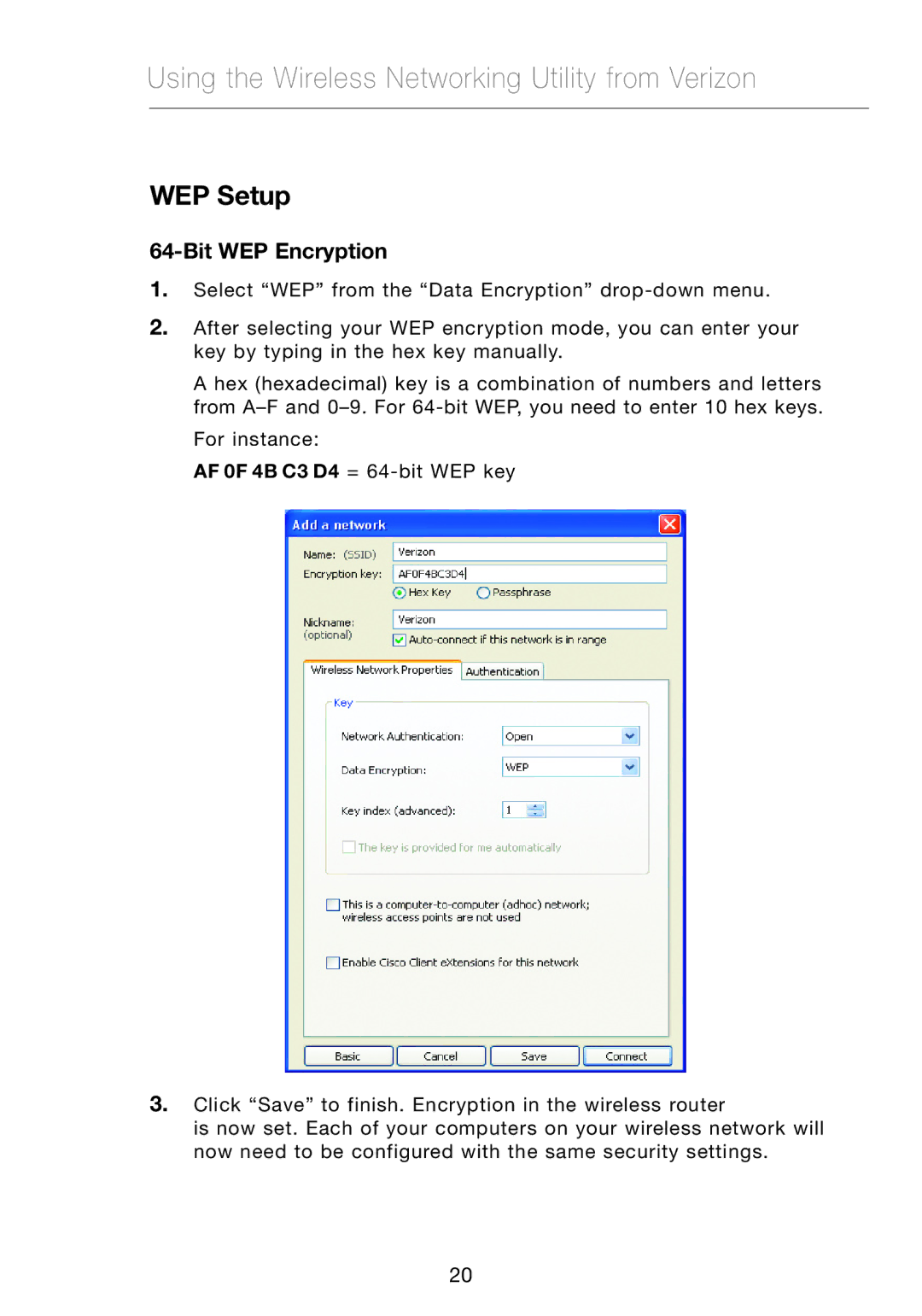 Verizon VZ4010 manual WEP Setup, Bit WEP Encryption 