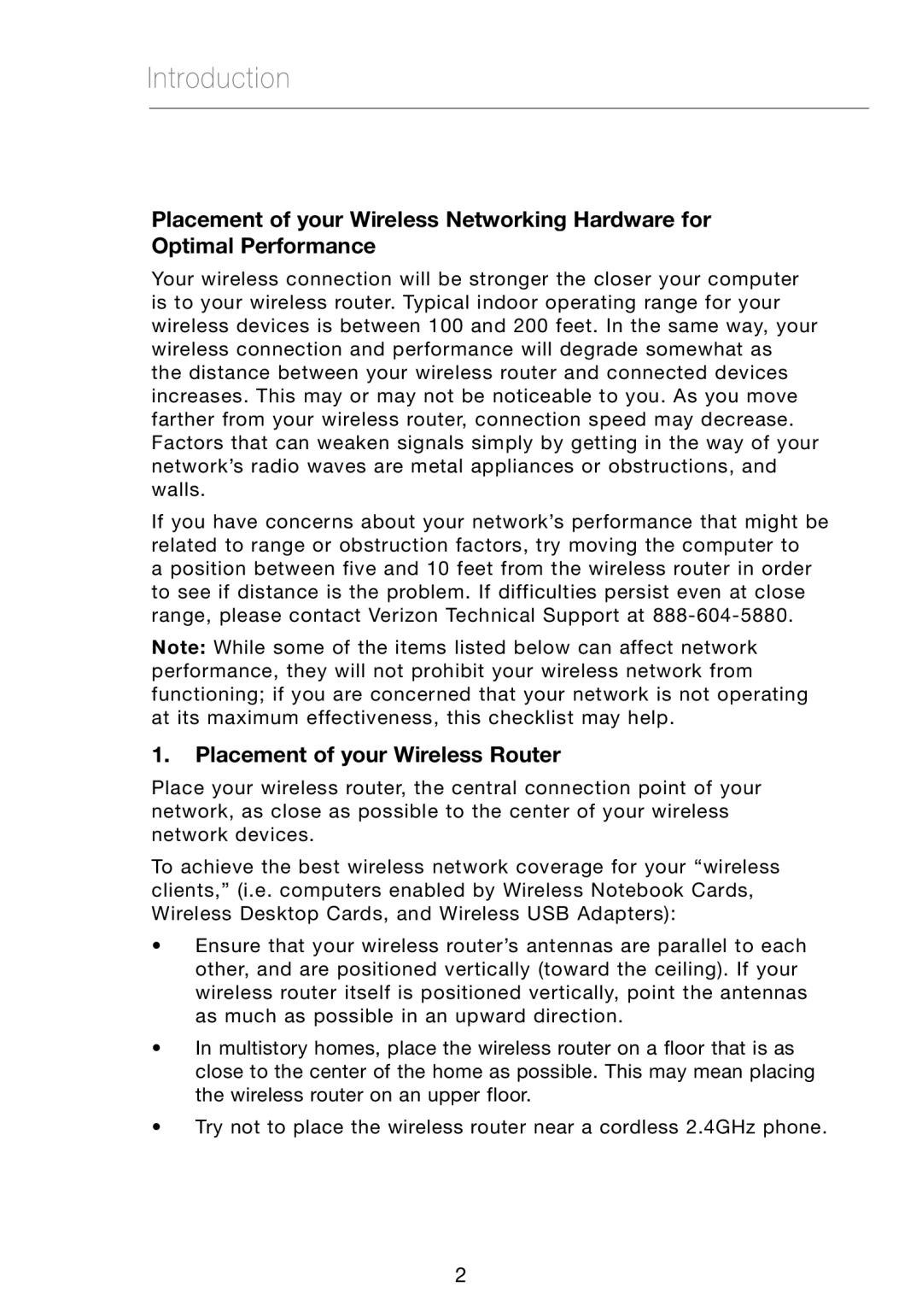 Verizon VZ4010 manual Introduction, Placement of your Wireless Router 