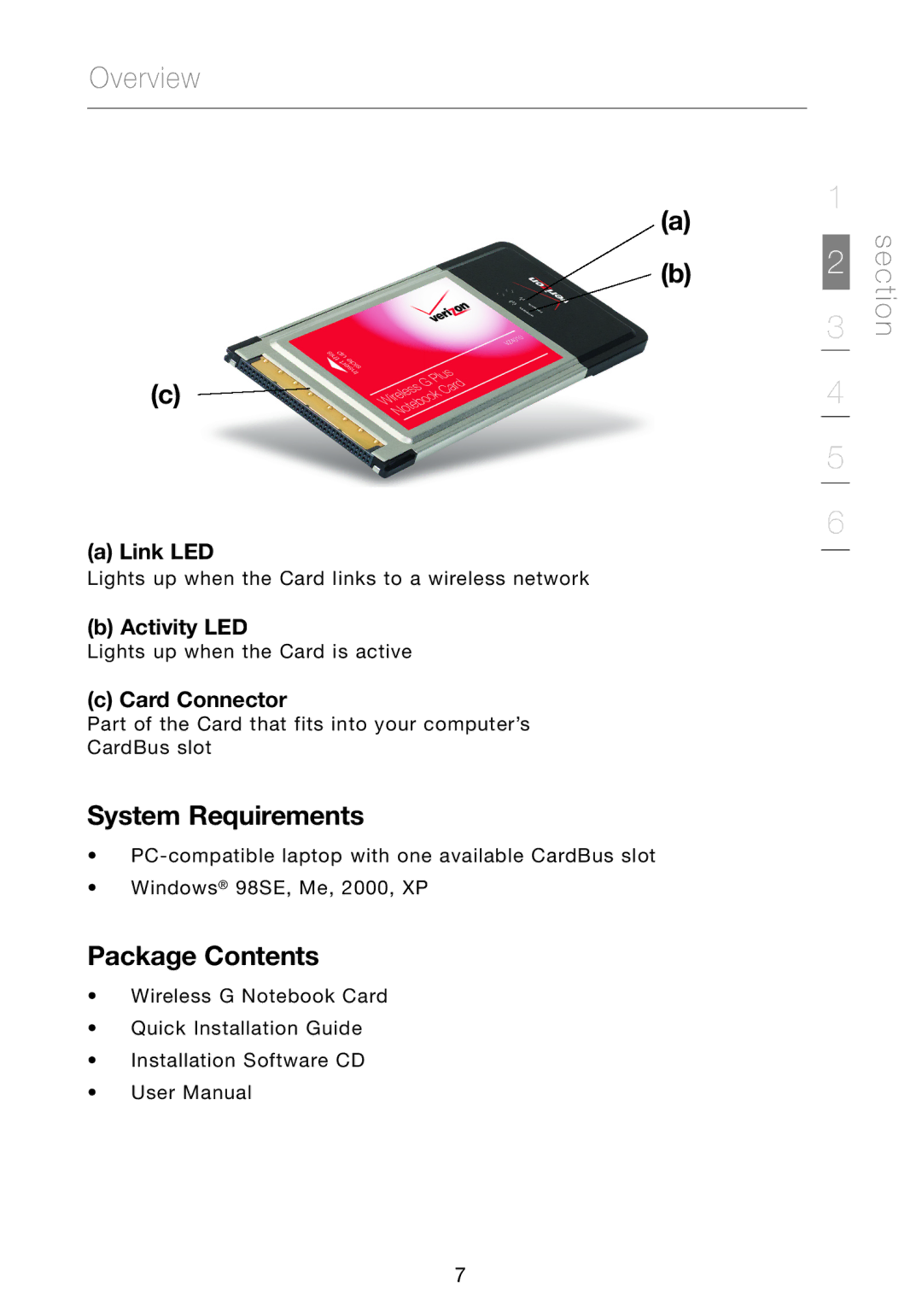 Verizon VZ4010 manual System Requirements, Package Contents, Link LED, Activity LED, Card Connector 