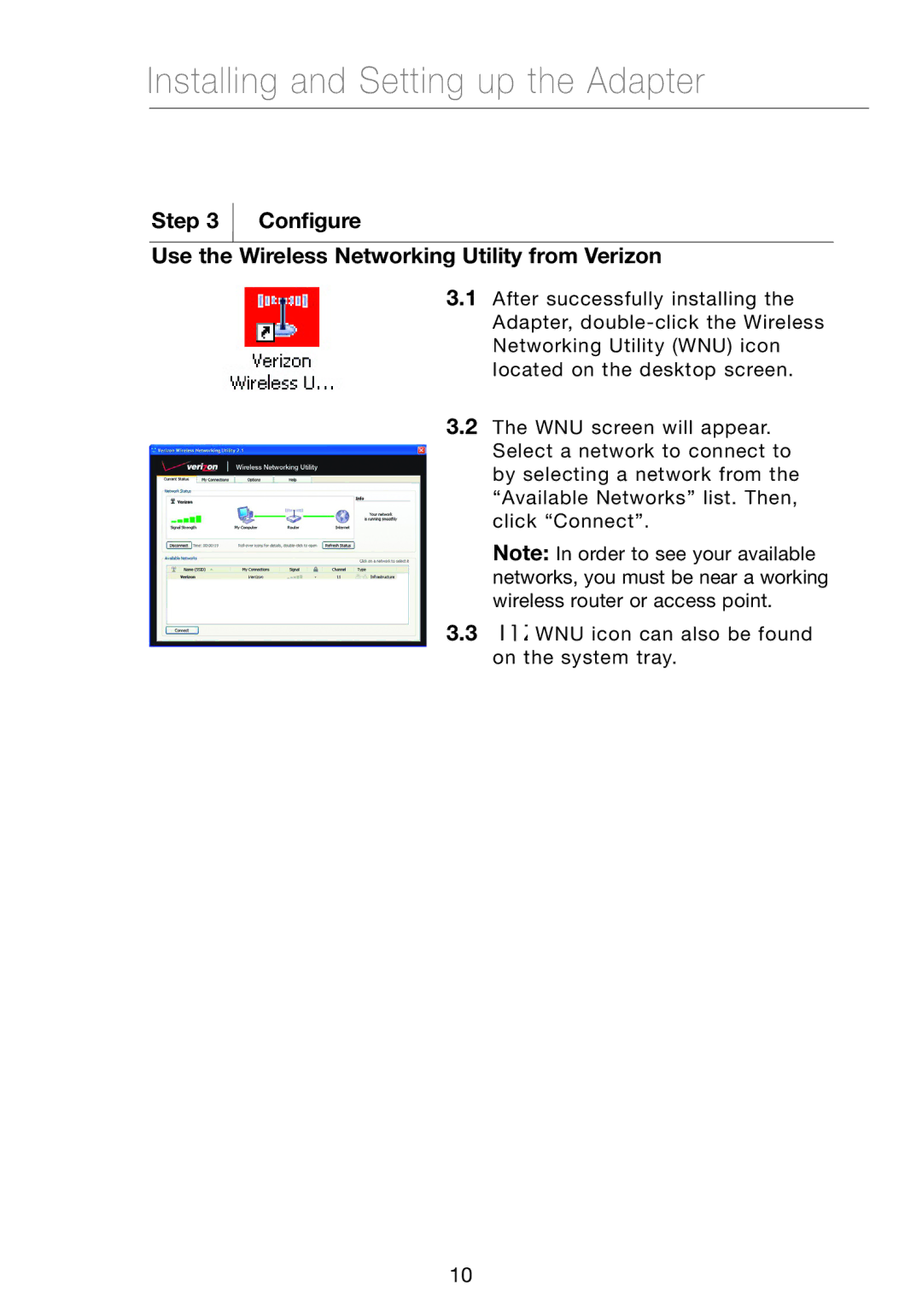 Verizon VZ4050 Installing and Setting up the Adapter, Configure Use the Wireless Networking Utility from Verizon 