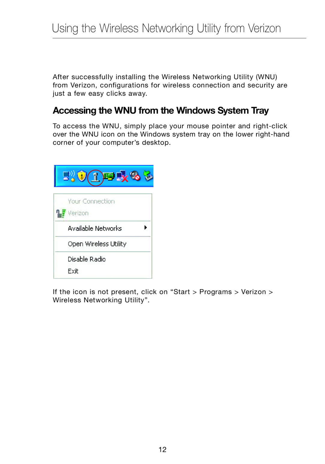 Verizon VZ4050 Using the Wireless Networking Utility from Verizon, Accessing the WNU from the Windows System Tray 