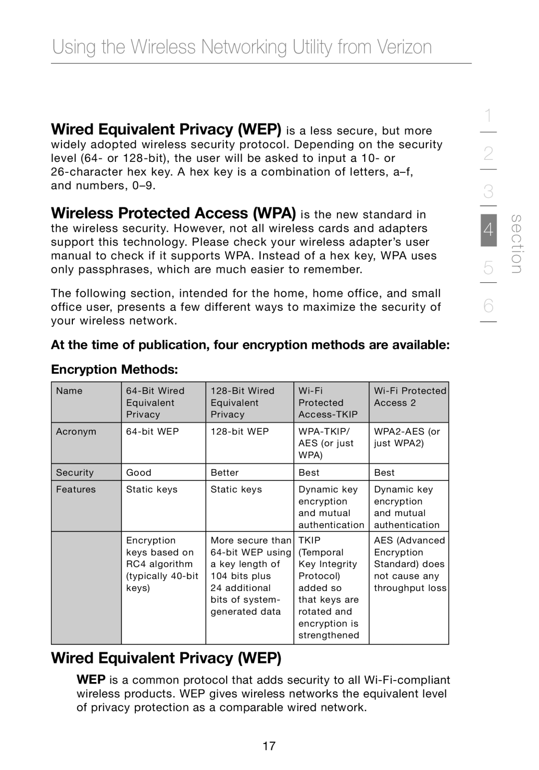 Verizon VZ4050 Wired Equivalent Privacy WEP is a less secure, but more, Wireless Protected Access WPA is the new standard 