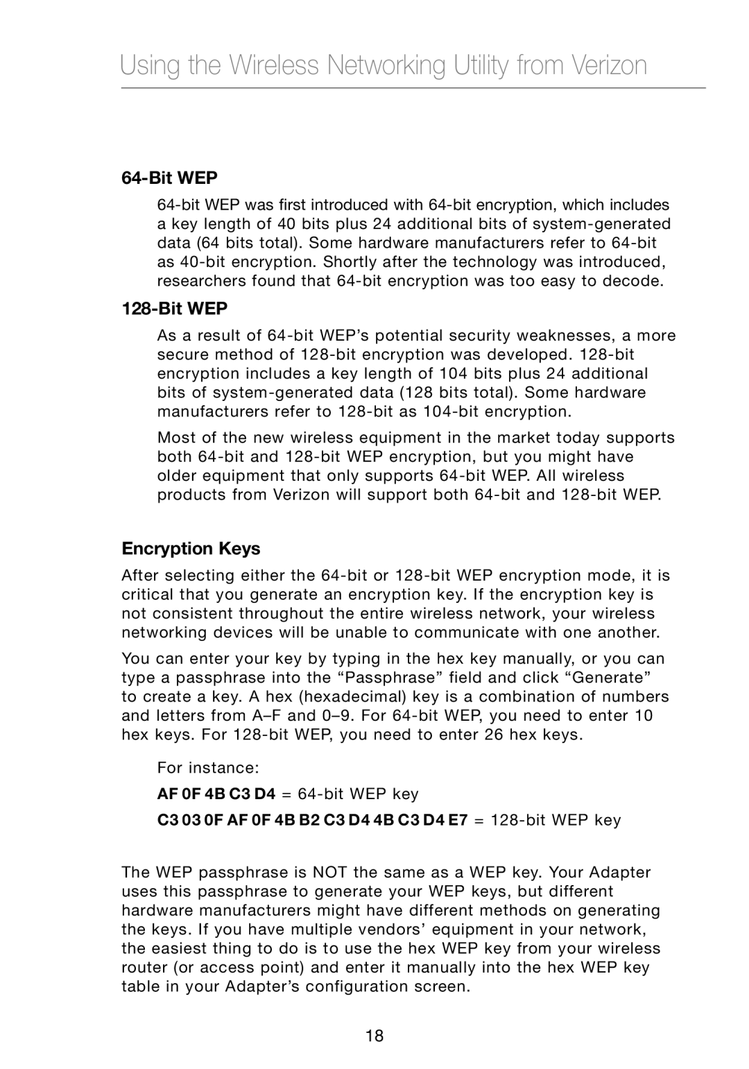 Verizon VZ4050 user manual Bit WEP, Encryption Keys, C3 03 0F AF 0F 4B B2 C3 D4 4B C3 D4 E7 = 128-bit WEP key 