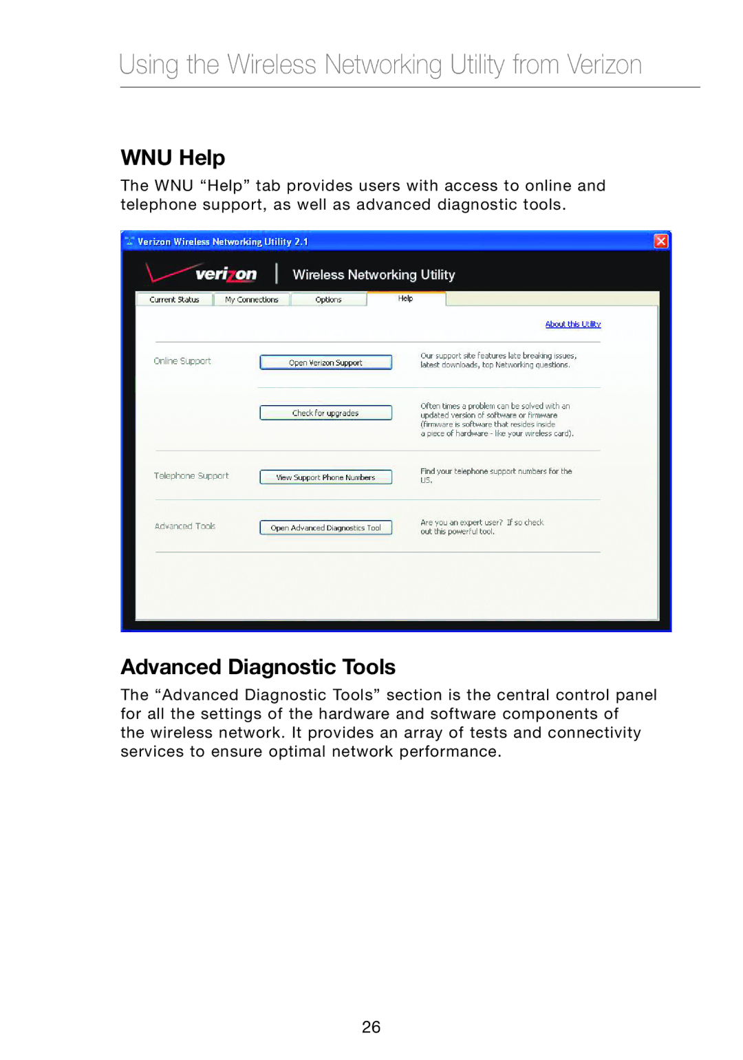 Verizon VZ4050 user manual WNU Help, Advanced Diagnostic Tools 