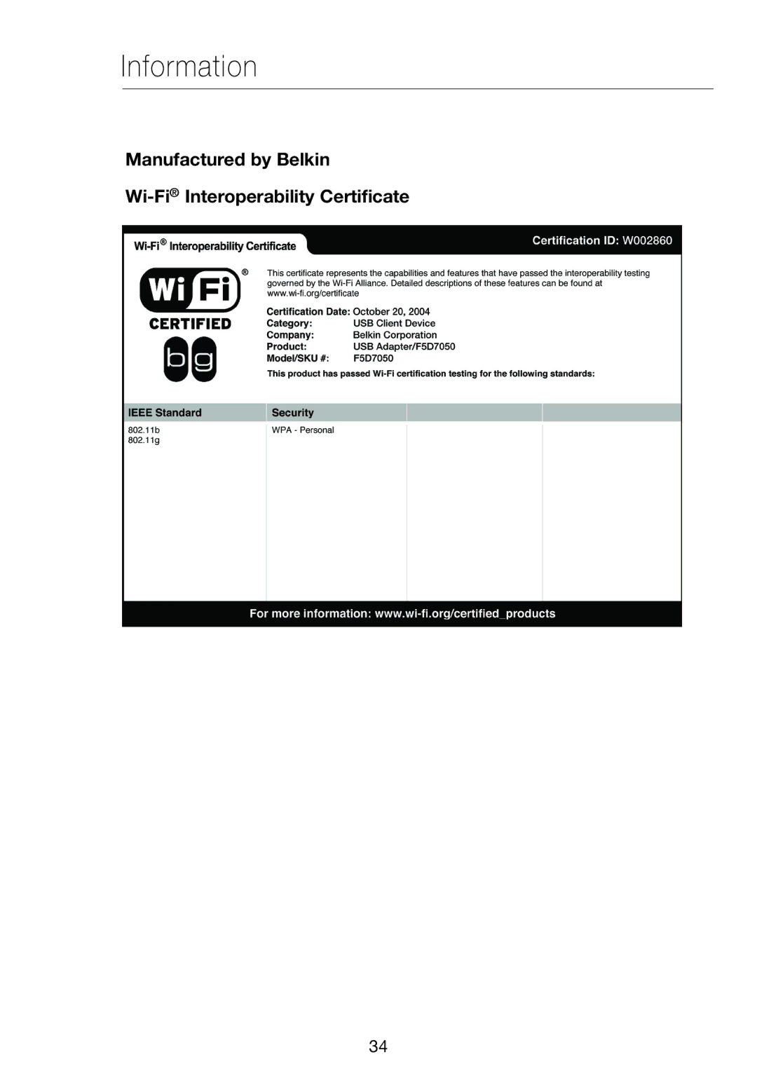 Verizon VZ4050 user manual Manufactured by Belkin Wi-FiInteroperability Certificate 