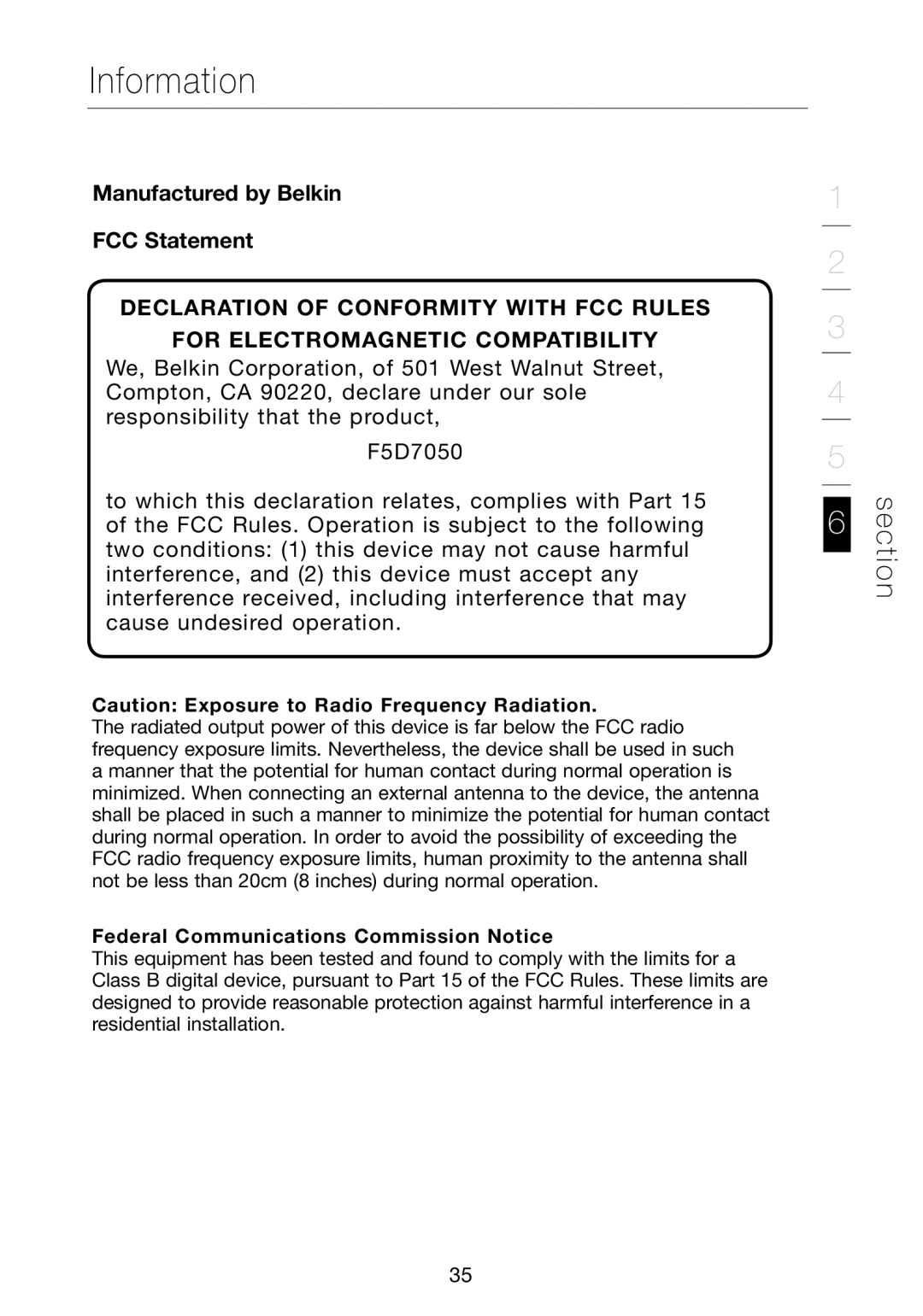 Verizon VZ4050 user manual Manufactured by Belkin FCC Statement, Federal Communications Commission Notice 