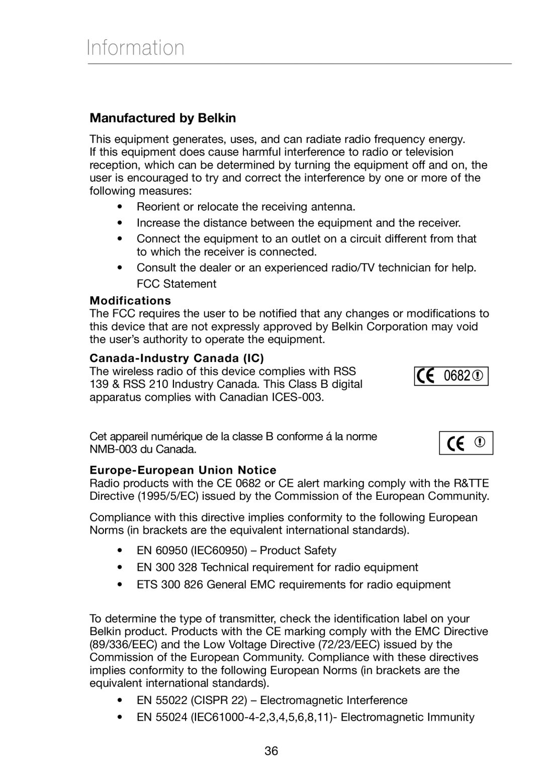 Verizon VZ4050 user manual Manufactured by Belkin, Modifications, Canada-Industry Canada IC, Europe-European Union Notice 