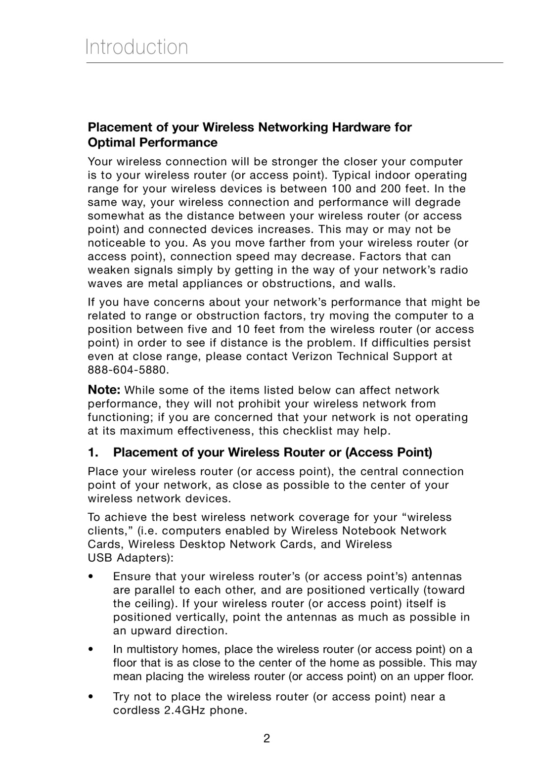 Verizon VZ4050 user manual Introduction, Placement of your Wireless Router or Access Point 