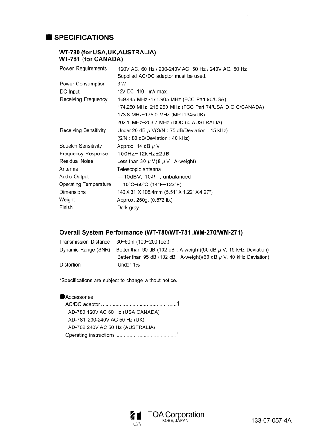 Verizon operating instructions Specifications, WT-781 for Canada 