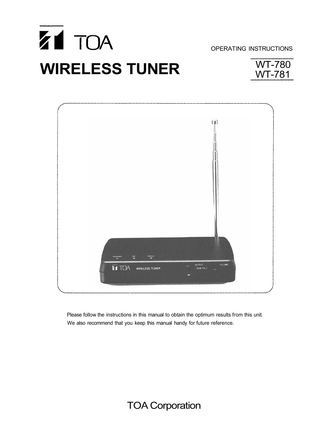 Verizon operating instructions Operating Instructions, Wireless Tuner, WT-780 WT-781, TOA Corporation 