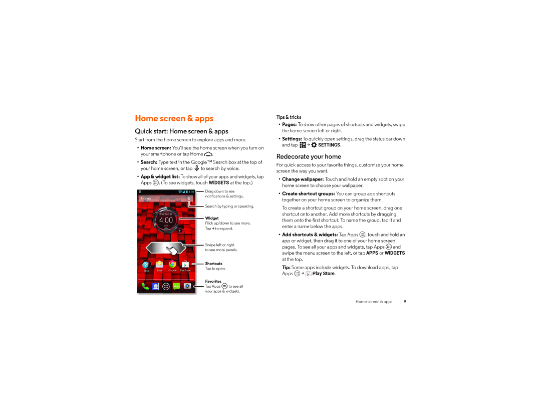 Verizon XT1030 manual Quick start Home screen & apps, Redecorate your home 