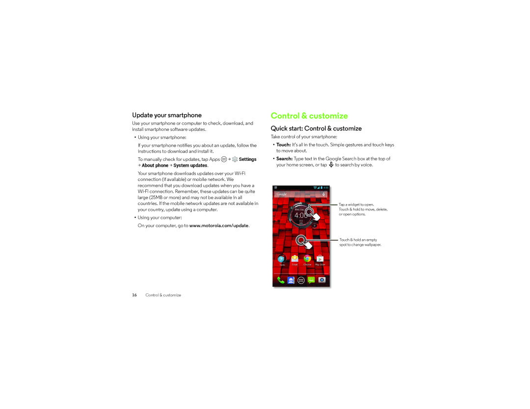 Verizon XT1030 manual Update your smartphone, Quick start Control & customize 