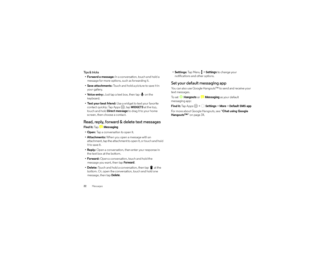 Verizon XT1030 manual Read, reply, forward & delete text messages, Set your default messaging app 