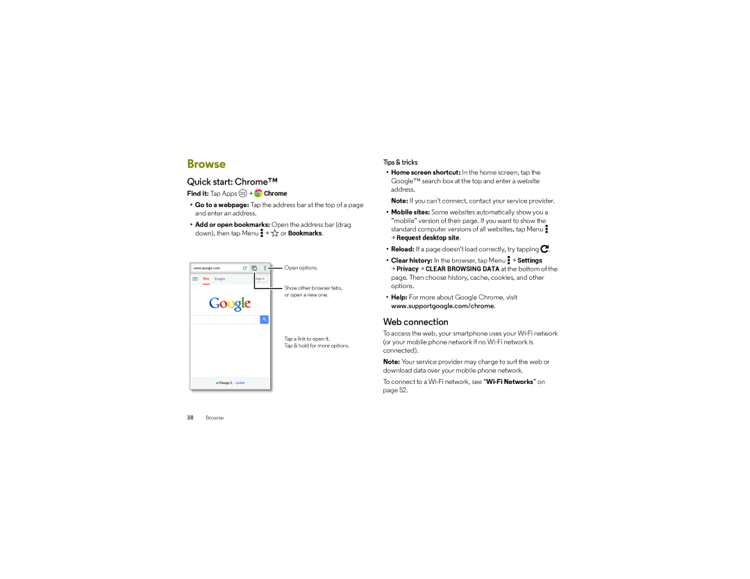 Verizon XT1030 manual Quick start Chrome, Web connection 