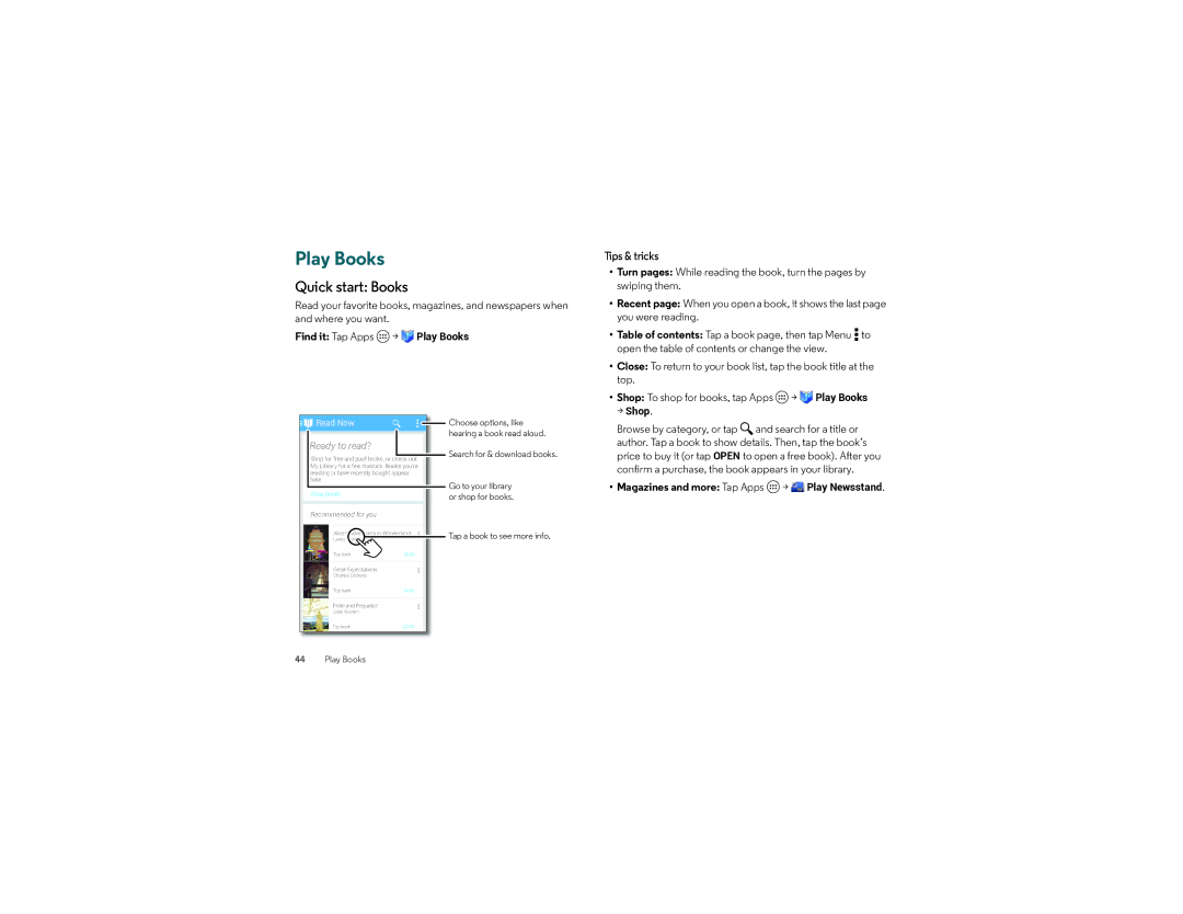 Verizon XT1030 manual Quick start Books, Magazines and more Tap Apps Play Newsstand 