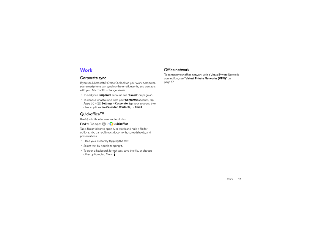 Verizon XT1030 manual Corporate sync, Quickoffice, Office network, Connection, see Virtual Private Networks VPN on 