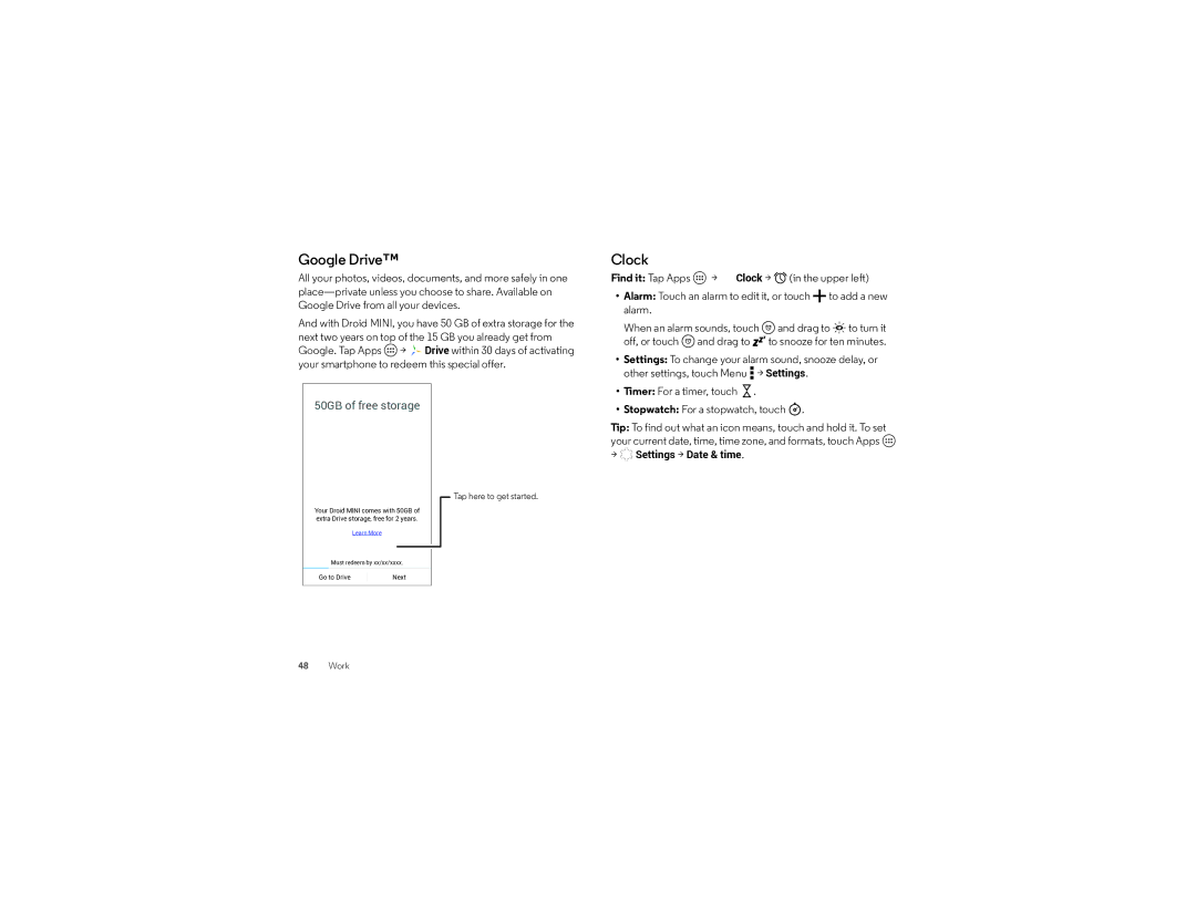 Verizon XT1030 manual Google Drive, Clock, Stopwatch For a stopwatch, touch 