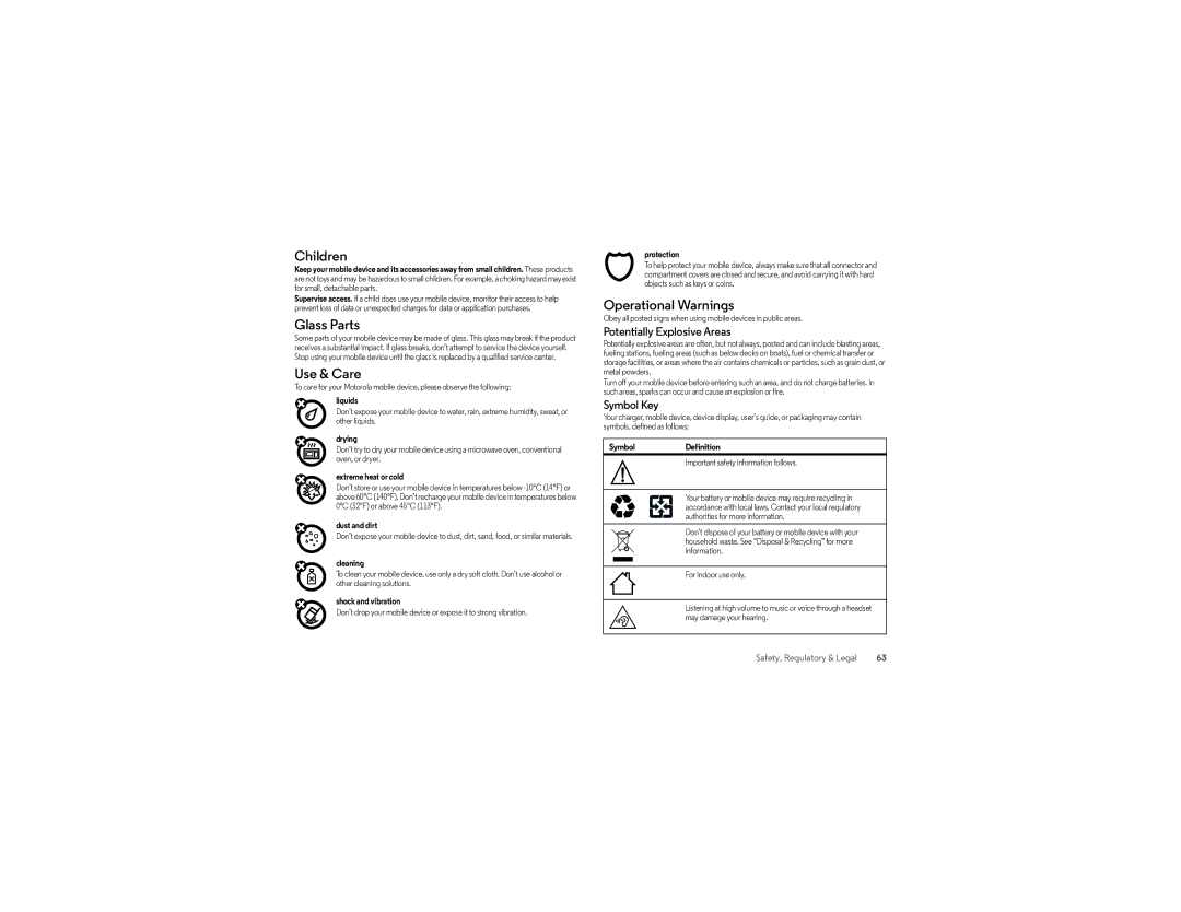 Verizon XT1030 manual Children, Glass Parts, Use & Care, Operational Warnings 