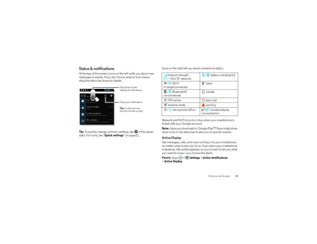 Verizon XT1080 manual Status & notifications, Active Display 