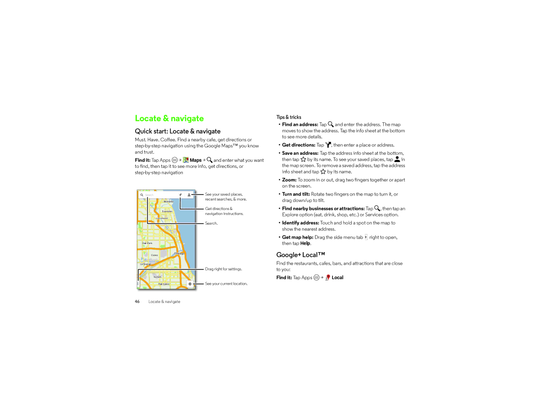 Verizon XT1080 manual Quick start Locate & navigate, Google+ Local 