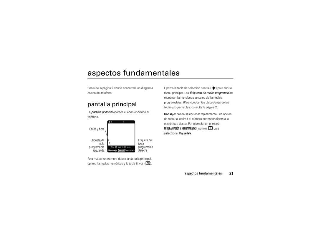 Verizon Z6c manual Aspectos fundamentales, Pantalla principal, La pantalla principal aparece cuando enciende el Teléfono 