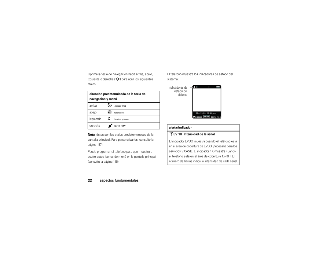 Verizon Z6c manual Acceso Web, Calendario, Música y tonos, Dirección predeterminada de la tecla de Navegación y menú 