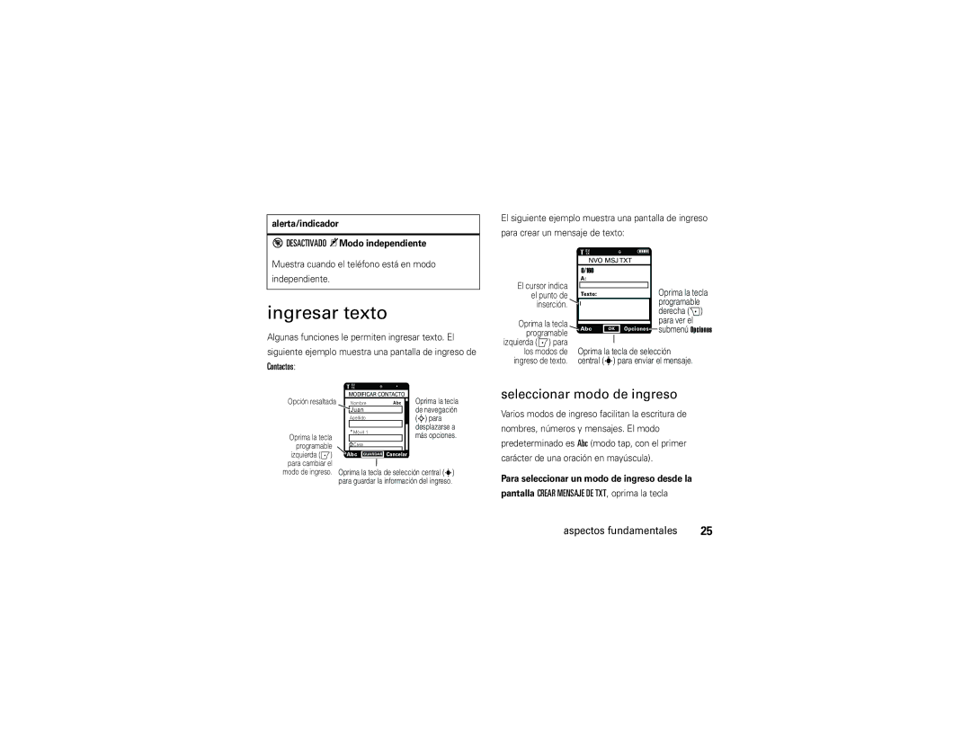 Verizon Z6c manual Ingresar texto, Seleccionar modo de ingreso, Contactos, Alerta/indicador Desactivado KModo independiente 