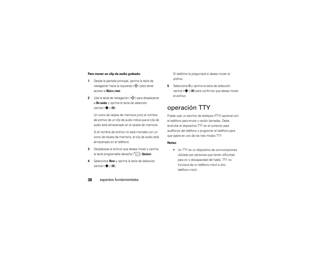 Verizon Z6c manual Operación TTY, Acceso a Música y tonos, Para mover un clip de audio grabado, El archivo, Notas 