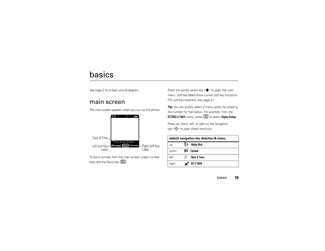 Verizon Z6c manual Basics, Main screen 