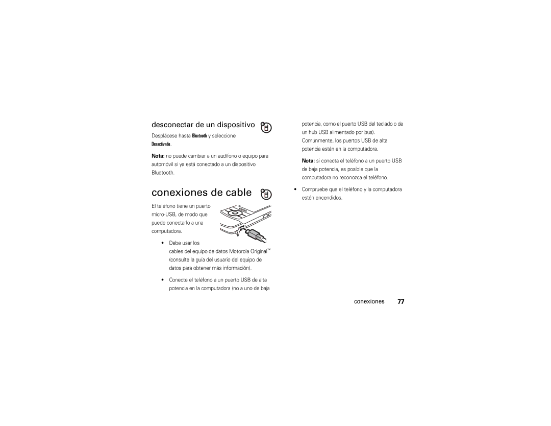 Verizon Z6c manual Conexiones de cable, Desconectar de un dispositivo, Desactivado, Desplácese hasta Bluetooth y seleccione 