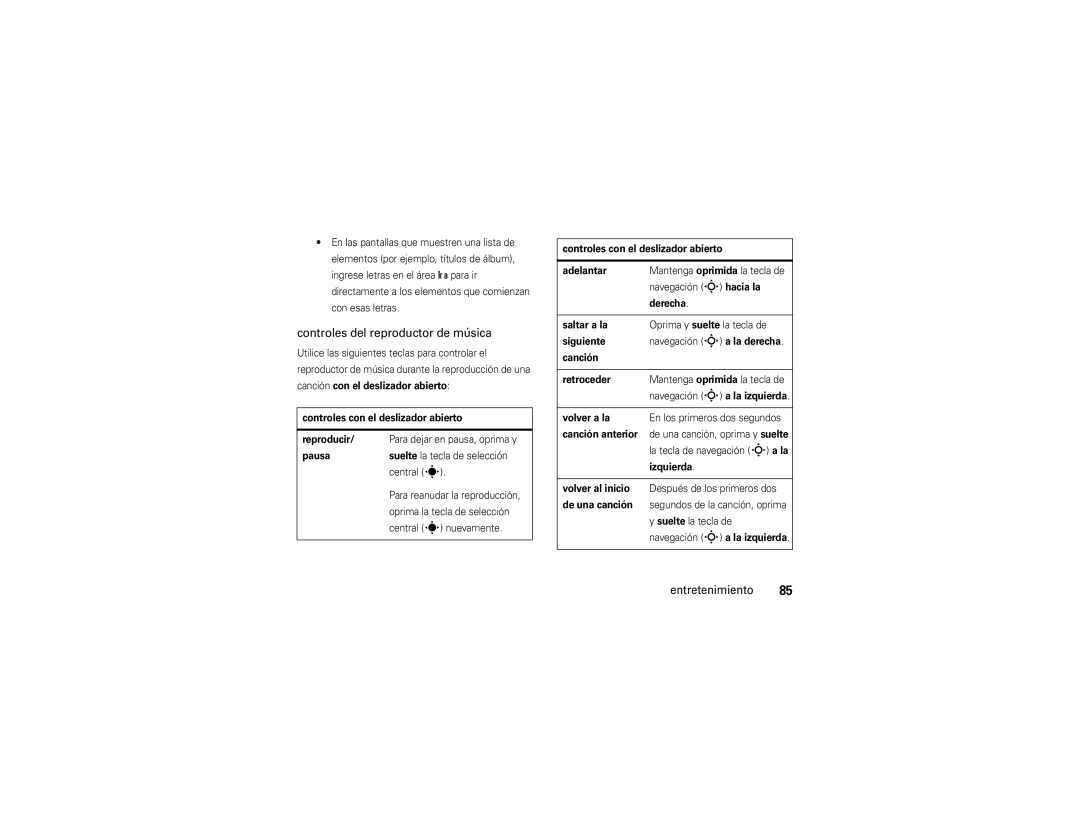 Verizon Z6c manual Controles del reproductor de música 