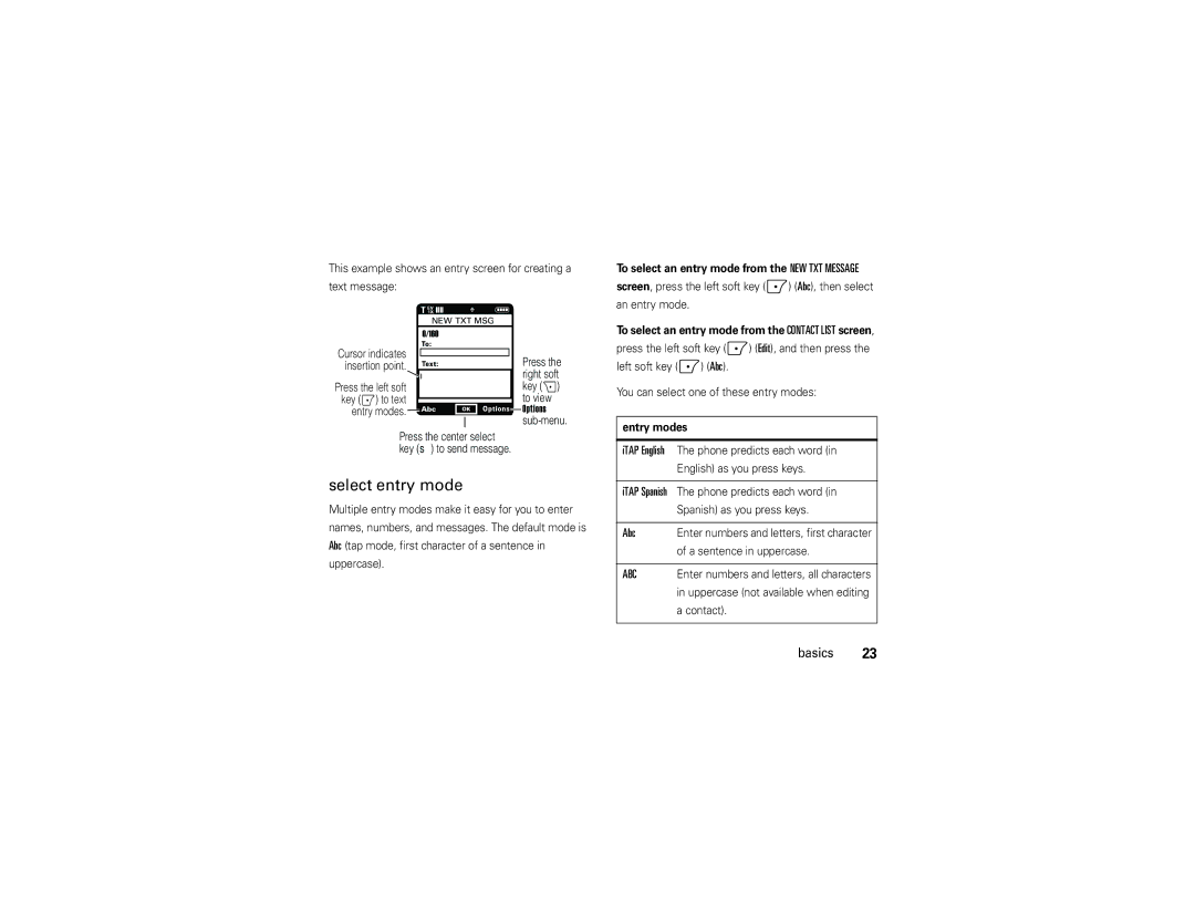 Verizon Z6c manual Select entry mode, Abc, To select an entry mode from the NEW TXT Message, Entry modes 